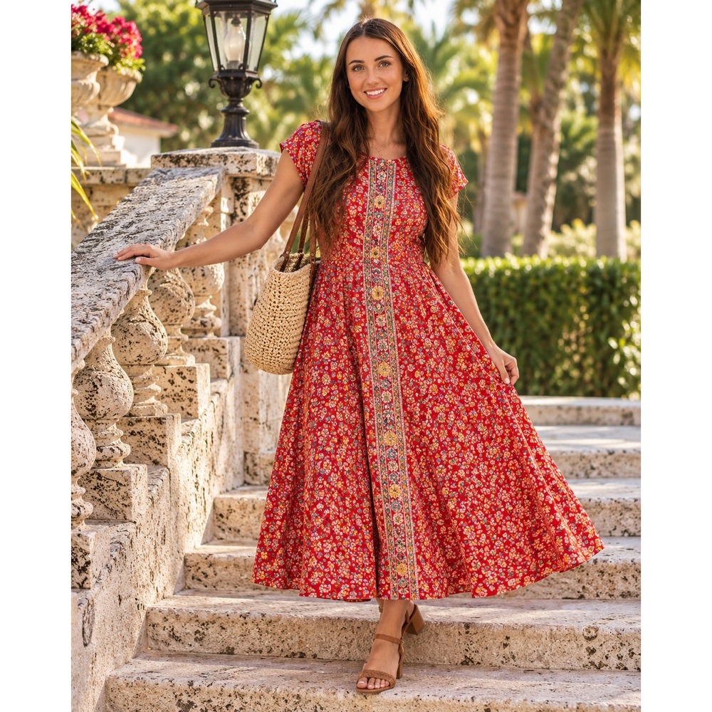 Vintage 80s Liz Claiborne Red Floral Boho Midi Dress Cotton Size 6 Cottagecore